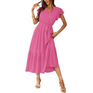 PrettyGarden Flutter Sleeve Wrap Midi Dress Pink‎ Solid Casual Boho Size XXL